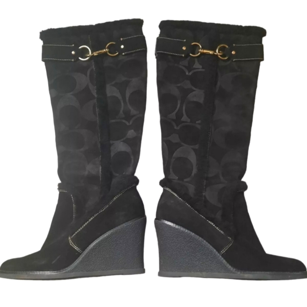 COACH Jonie Sz 9M Black Suede & Shearling Wedge Knee-High Monogram  Boots In EUC - Picture 2 of 6